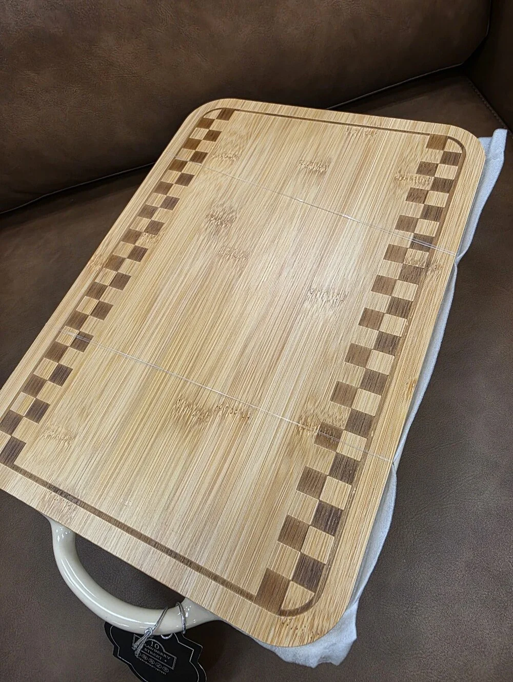Bamboo Topped Ceramic Serving Or Backing Dish - Cream Check